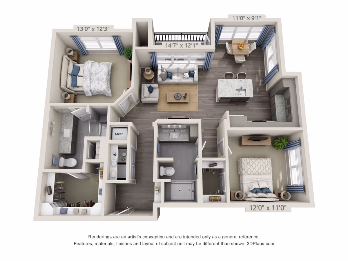 3D floor plan of a two-bedroom apartment featuring a living room with sofa and armchair, a kitchen with island and dining table, two bedrooms with beds and nightstands, two bathrooms, a walk-in closet, and a mechanical room. Dimensions of rooms are labeled.