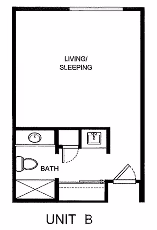 Floor plan of Unit B at Kamlu Retirement Inn-Vancouver showing a combined living and sleeping area, a bathroom with a toilet, sink, and shower, and an entry area with a closet.