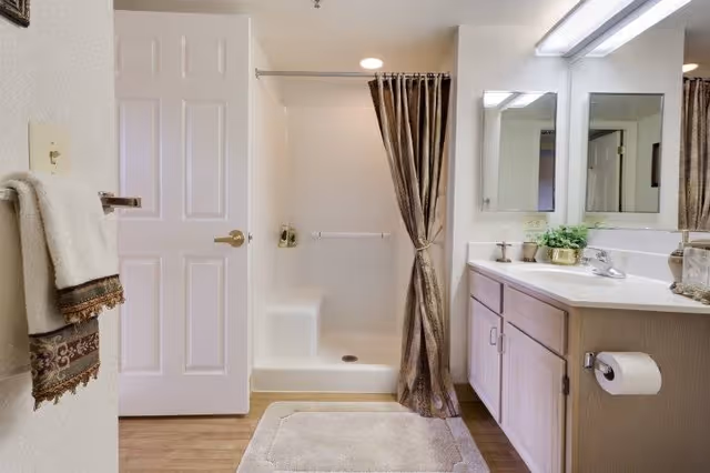 A clean and well-lit bathroom featuring a white shower with a built-in seat and a brown shower curtain tied to one side. There is a white door with a gold handle, a towel rack with two towels hanging on the left wall, a beige bath mat on the wooden floor, and a vanity with a sink, mirror, and small decorative items including a plant and soap dispenser.