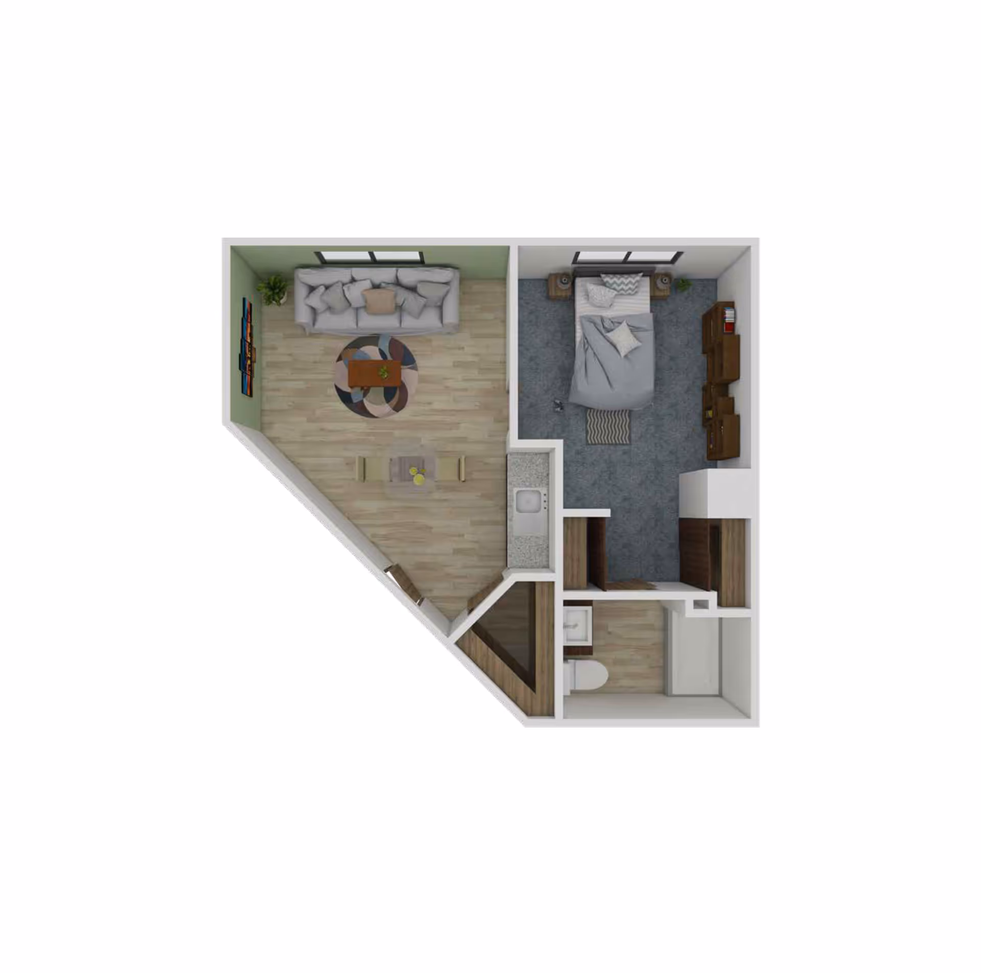 Top-down view of a senior living apartment floor plan featuring a living room with a sofa and coffee table, a dining area with a small table and two chairs, a bedroom with a bed and dresser, a kitchenette with a sink, and a bathroom with a toilet and shower.