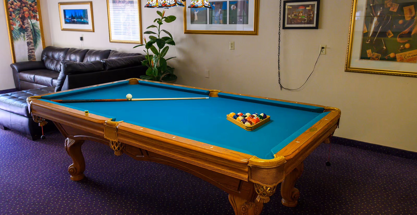 A recreational room with a pool table in the center, set up with billiard balls and cues. In the background, there is a black leather sectional sofa, a green potted plant, and framed artwork on the walls. The floor is carpeted in a dark color with a subtle pattern.
