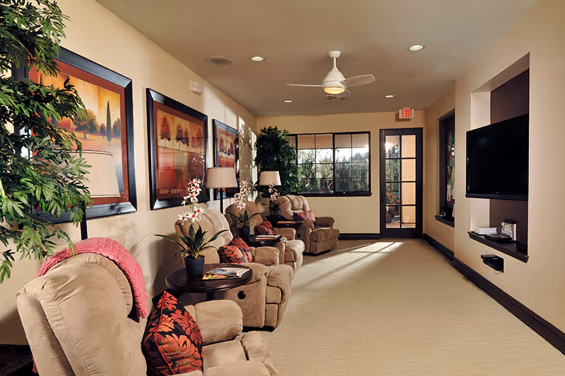 A bright lounge with several reclining armchairs, side tables with plants and lamps, framed artwork, and a wall-mounted TV.