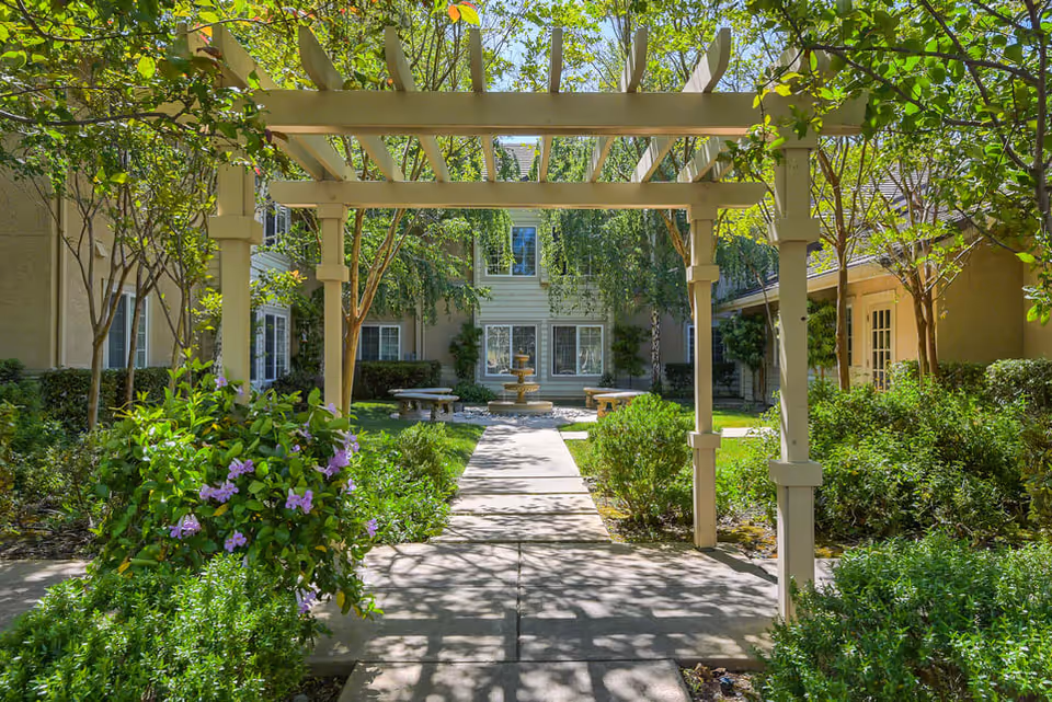 A sunny outdoor courtyard at Diamond Terrace featuring a wooden pergola over a paved walkway, surrounded by green bushes and trees with purple flowers. In the background, there is a multi-story building with windows and a central water fountain flanked by benches.