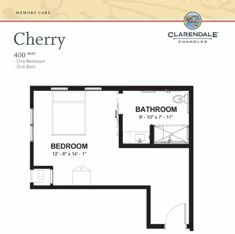 Floor plan for Cherry unit at Clarendale of Chandler showing a one-bedroom, one-bath apartment with a bedroom measuring 12 feet 8 inches by 14 feet 1 inch and a bathroom measuring 9 feet 10 inches by 7 feet 11 inches.