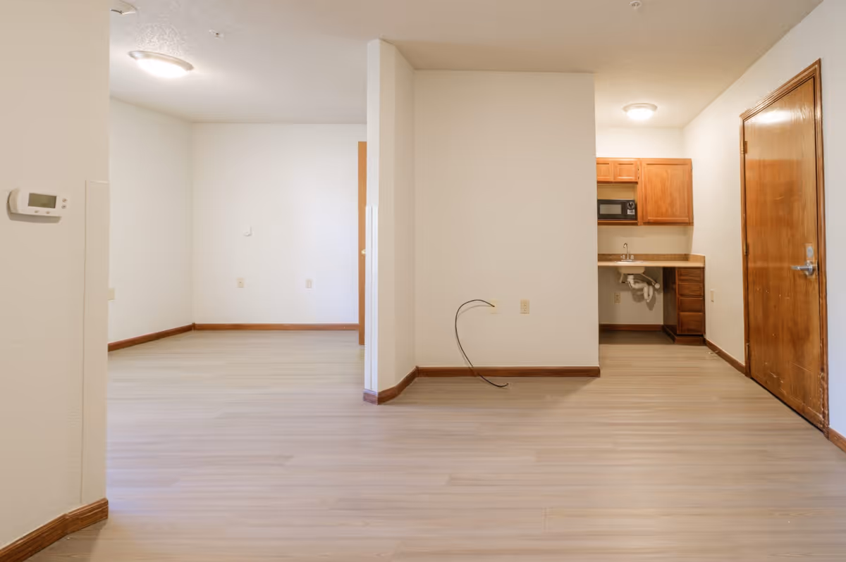 Empty studio-style apartment interior with wood-look floors, a small kitchenette and a wooden entry door.