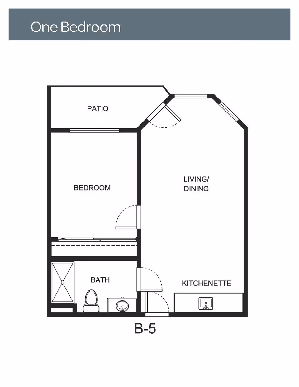Floor plan layout of a one-bedroom unit labeled B-5, showing a bedroom, bathroom with shower, toilet, and sink, a living/dining area, kitchenette, and a patio.