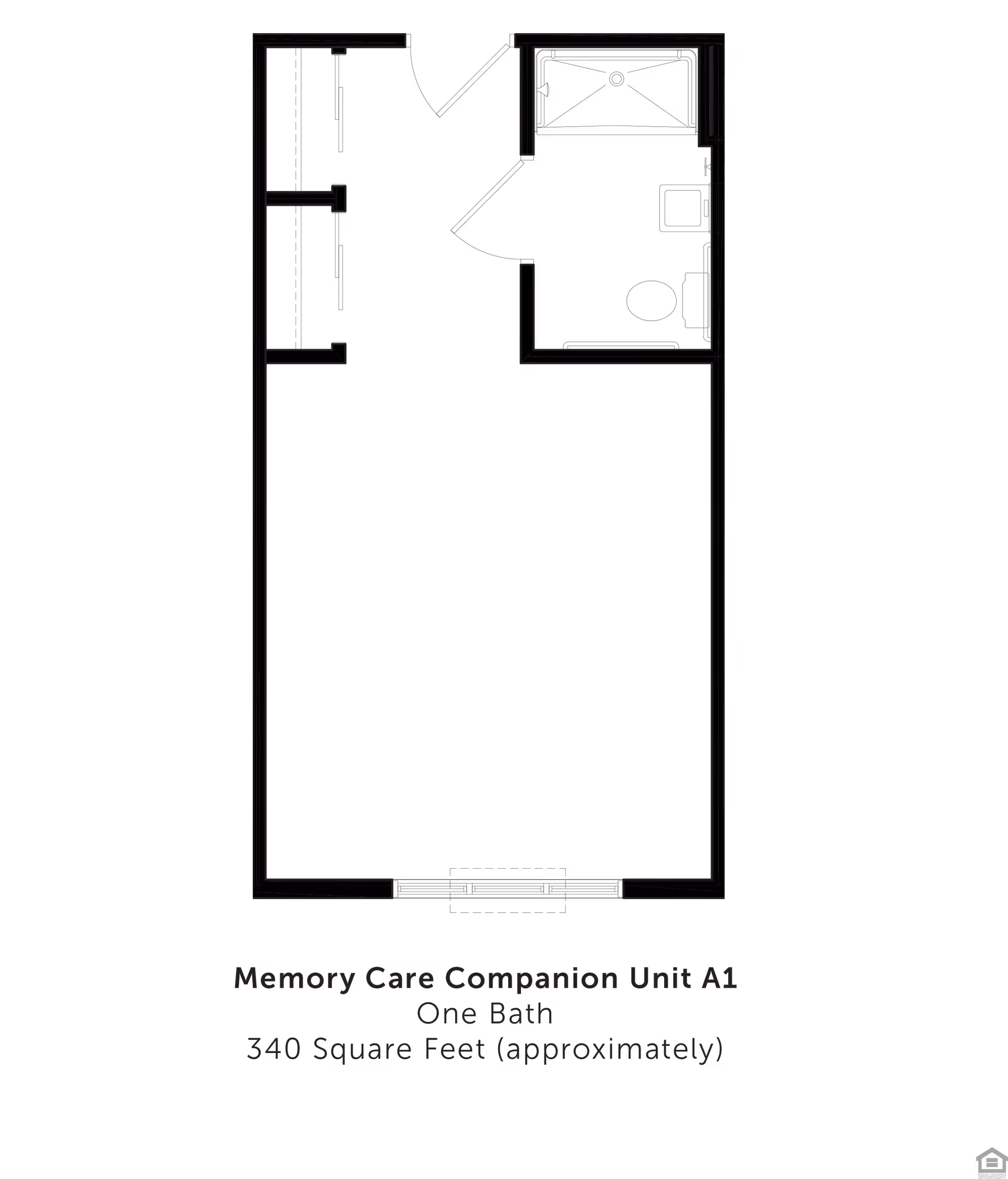 Architectural floor plan of a Memory Care Companion Unit A1 with one bathroom, approximately 340 square feet, showing layout of rooms and bathroom fixtures.