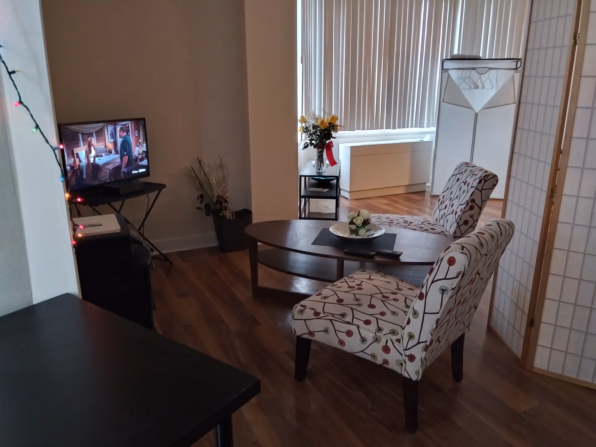 Cozy living room with two patterned chairs around a coffee table, a TV on a stand, and vertical blinds over hardwood floors.