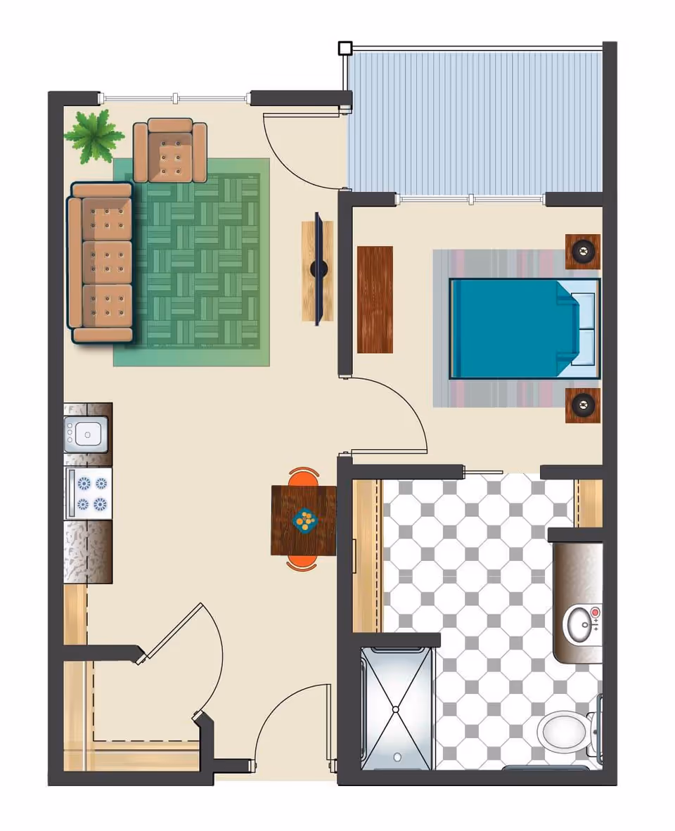 Floor plan of a senior living apartment at Spring Creek by Bonaventure showing a living room with a sofa, armchair, green rug, and TV, a kitchen area with a stove and sink, a small dining table with two chairs, a bedroom with a bed and two nightstands, and a bathroom with a shower, toilet, and sink. There is also a balcony accessible from the living room.