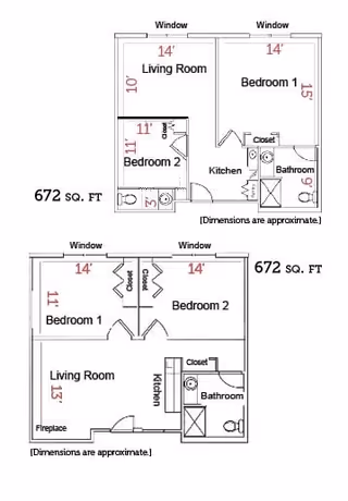 Architectural floor plans showing two different 672 square feet apartment layouts at Evergreen Senior Living. Each layout includes a living room, kitchen, two bedrooms, a bathroom, closets, and windows. Dimensions are approximate.