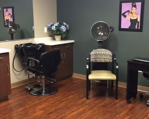Interior view of a salon area with a black hair washing station and chair, a drying chair with a hooded hair dryer, wooden cabinets, a countertop with a potted plant, and a framed picture on a green wall.