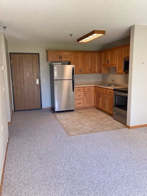 Interior view of a small kitchen area in a senior living facility with wooden cabinets, a stainless steel refrigerator, stove, and a sink. The kitchen floor is tiled, and the surrounding area is carpeted. A wooden door is visible to the left of the kitchen.