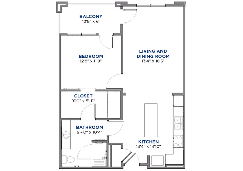 Architectural floor plan of an apartment at Ambriant at Austin Village showing a bedroom with closet, bathroom, kitchen, living and dining room, and a balcony with dimensions.