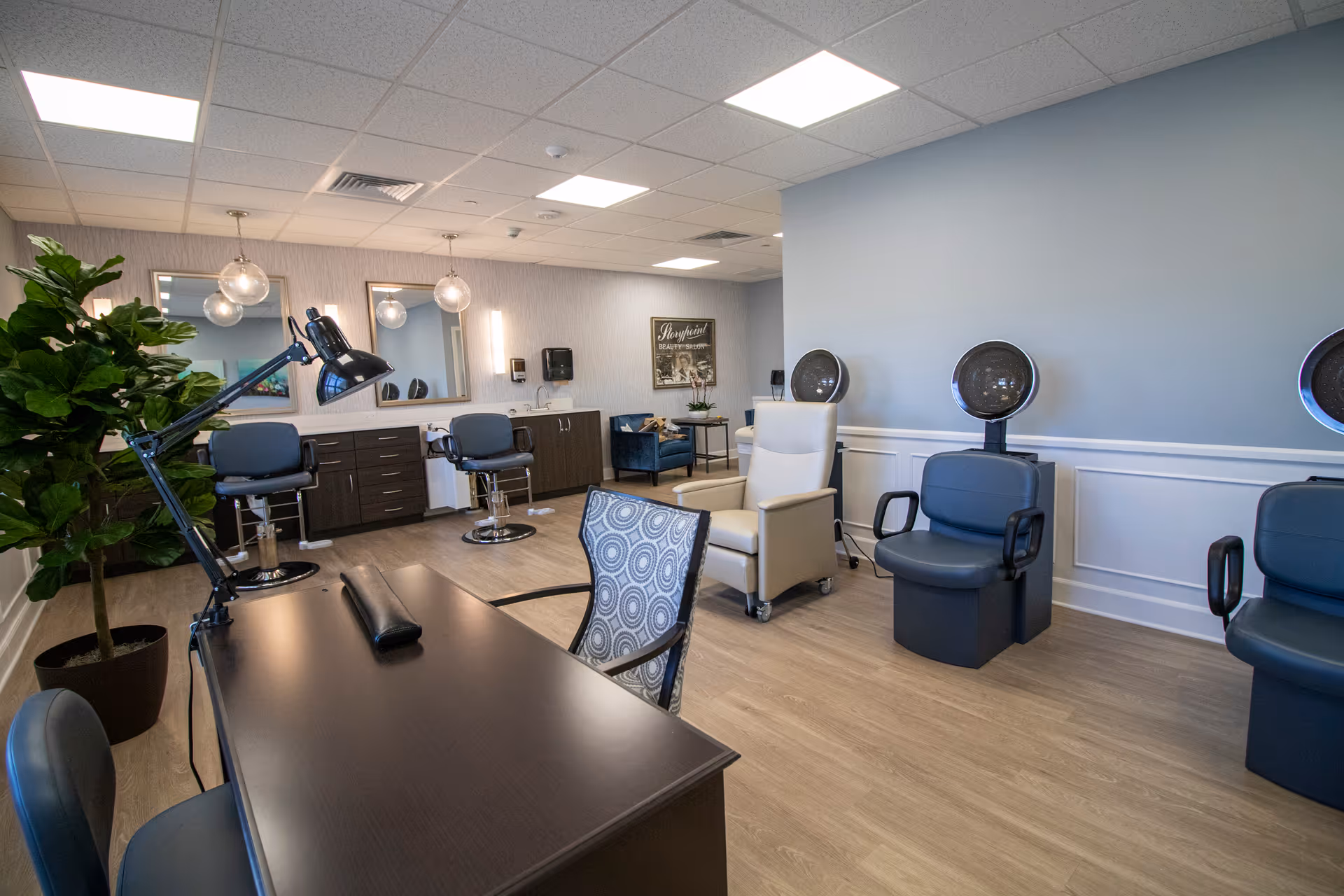 A bright salon room with multiple styling chairs and hooded hair dryers, a manicure table, mirrors, and a potted plant.