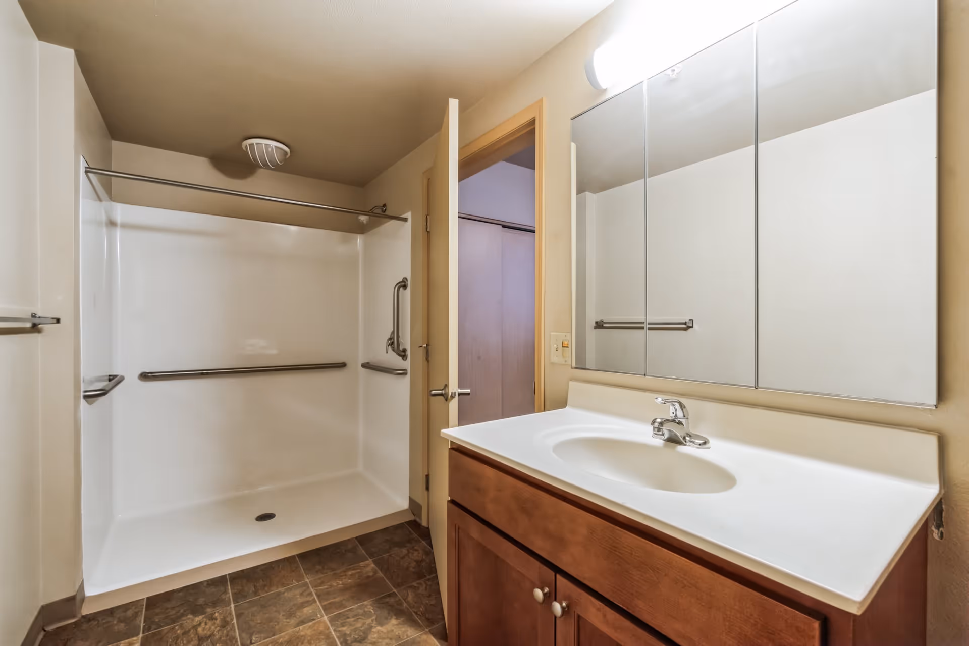 Accessible bathroom with a walk-in shower with grab bars, a sink vanity, and a mirrored medicine cabinet.