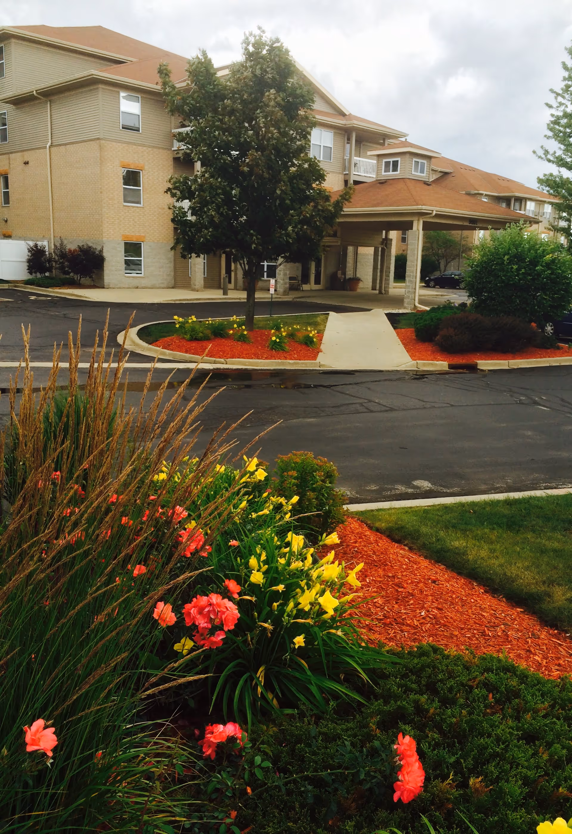 Entrance of a senior living building with a covered drop-off, paved driveway, and landscaped flower beds in the foreground.