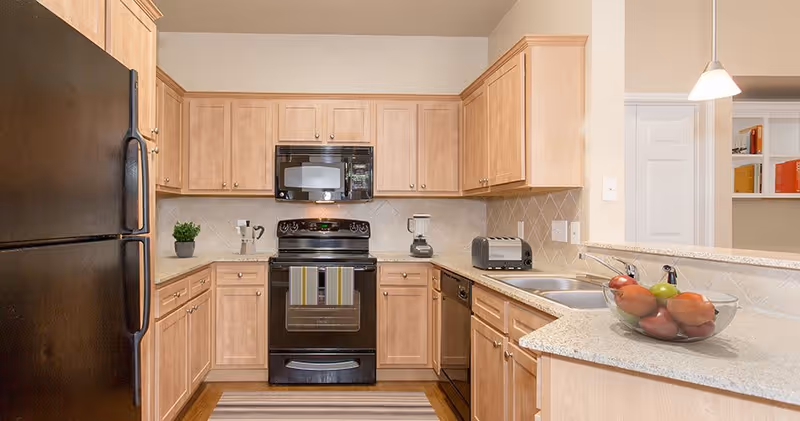 A modern kitchen with light wood cabinets, black appliances including a refrigerator, stove, microwave, and dishwasher. The countertops are light-colored granite with a double sink and a glass bowl filled with various fruits. There is a small potted plant and kitchen utensils on the counter, and a pendant light hanging above the counter.