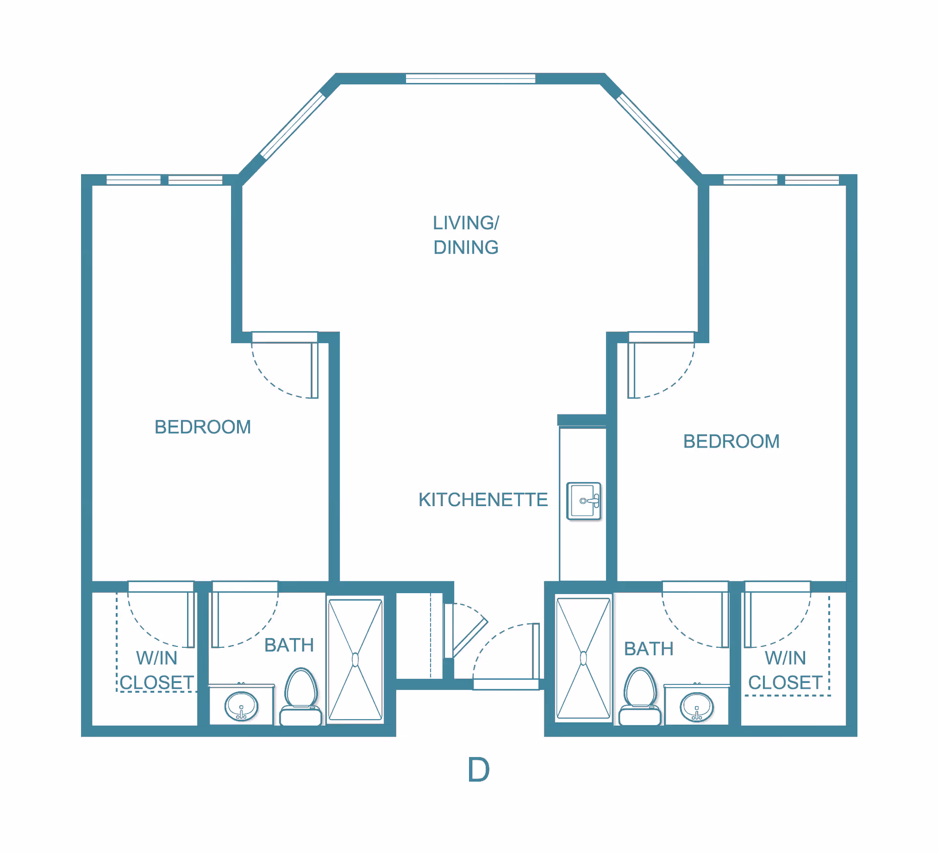 Floor plan of a senior living apartment featuring two bedrooms, each with a walk-in closet and a bathroom. The central area includes a kitchenette and a combined living/dining space with multiple windows.