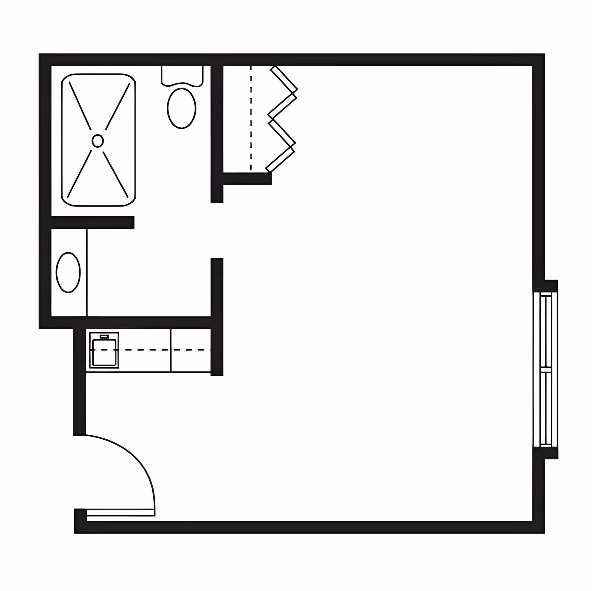 Black and white architectural floor plan of a small apartment or room layout including a bathroom with a bathtub, toilet, and sink, a closet with bi-fold doors, and an open main living area with a window on one side.