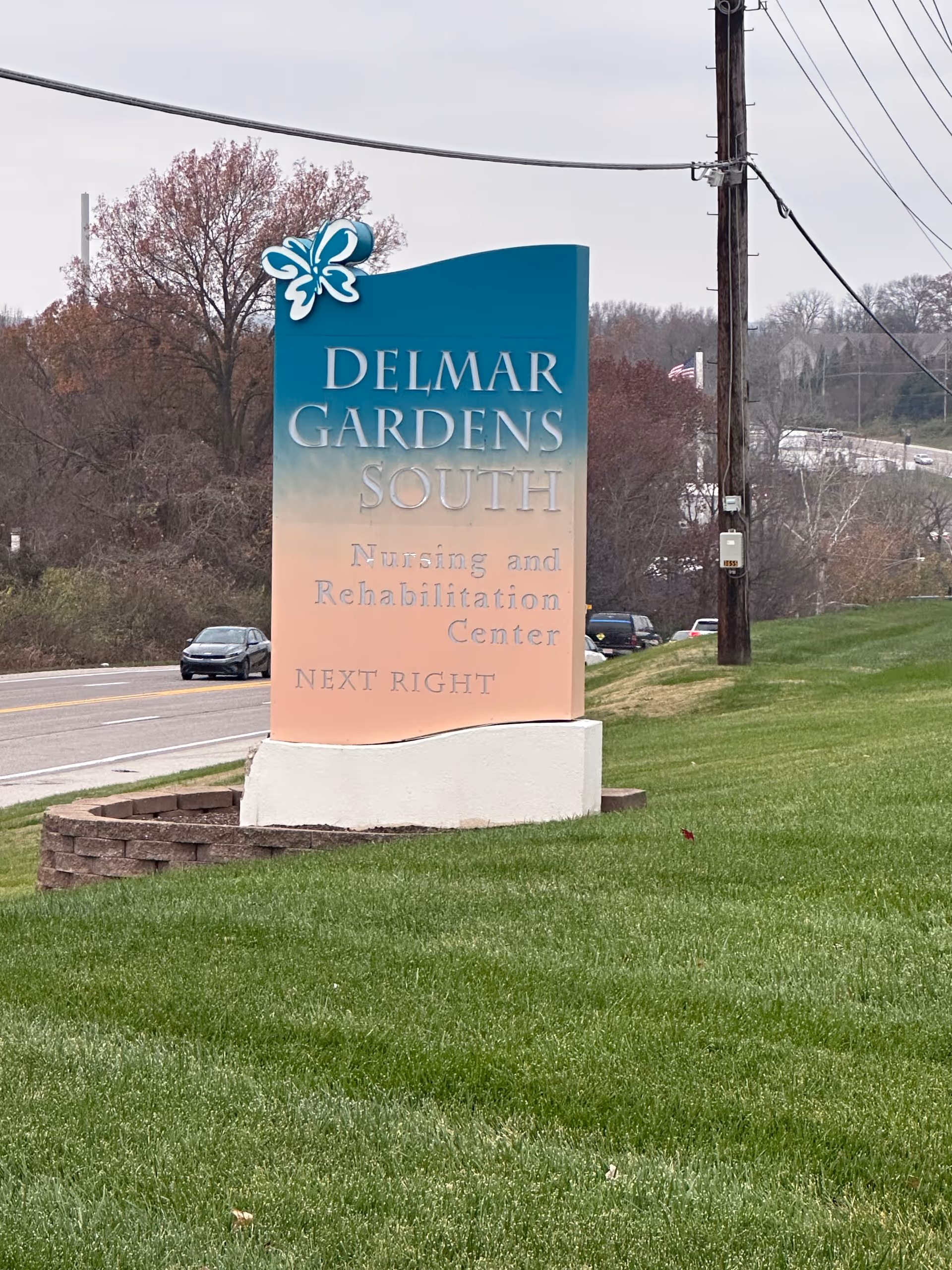 Outdoor image of a large sign on a grassy area next to a road. The sign reads 'Delmar Gardens South Nursing and Rehabilitation Center NEXT RIGHT' with a butterfly logo at the top left. Trees and cars are visible in the background under an overcast sky.