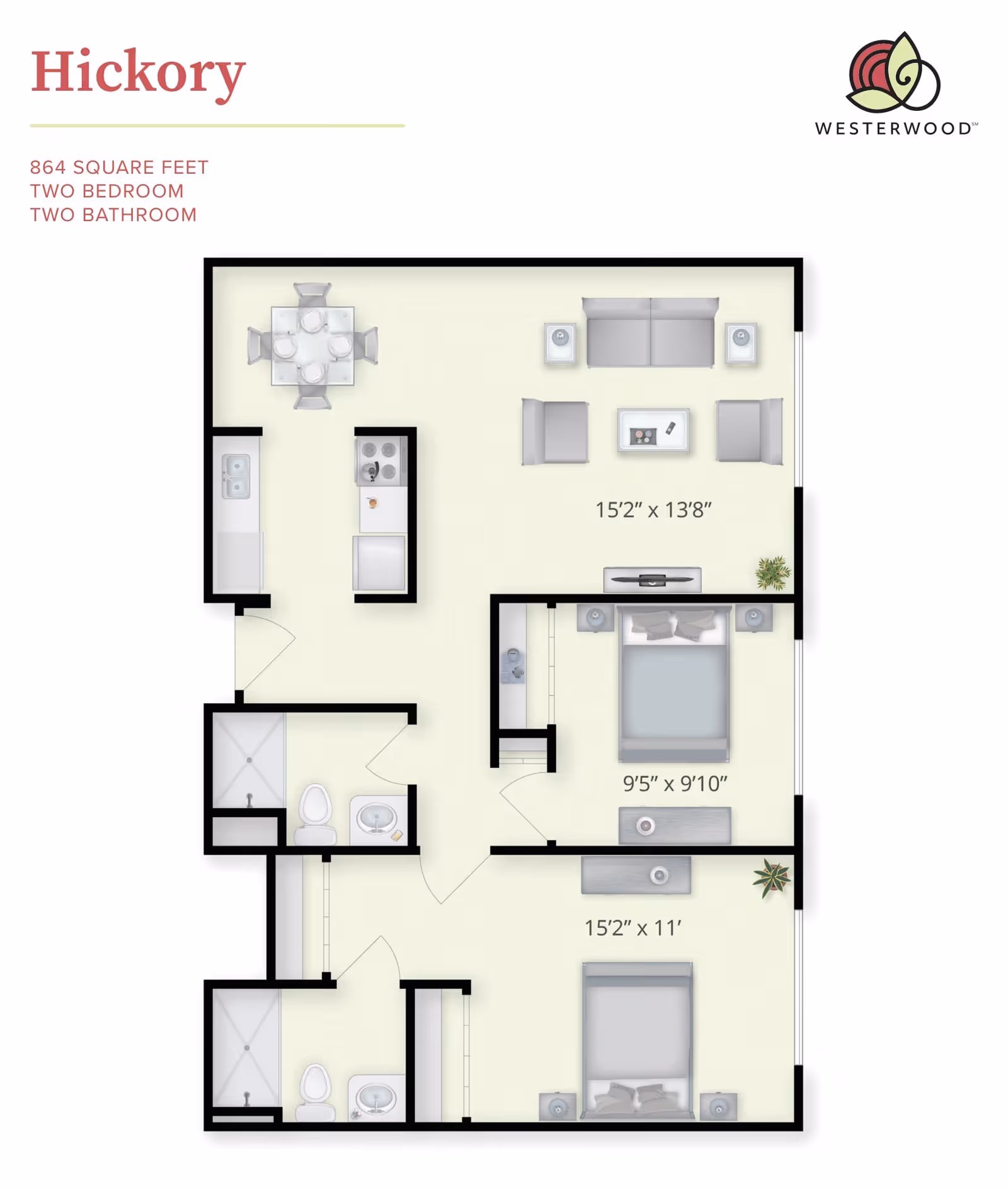 Floor plan of the Hickory apartment at Westerwood showing 864 square feet with two bedrooms and two bathrooms. The layout includes a living room with sofa and chairs, a dining area with a table and four chairs, a kitchen with appliances, two bedrooms with beds and nightstands, and two bathrooms with toilets and sinks.