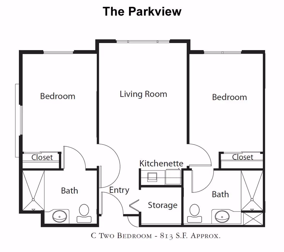 Floor plan of The Parkview showing a two-bedroom apartment with two bathrooms, a living room, kitchenette, storage, and entry area. Each bedroom has a closet and an adjacent bathroom.