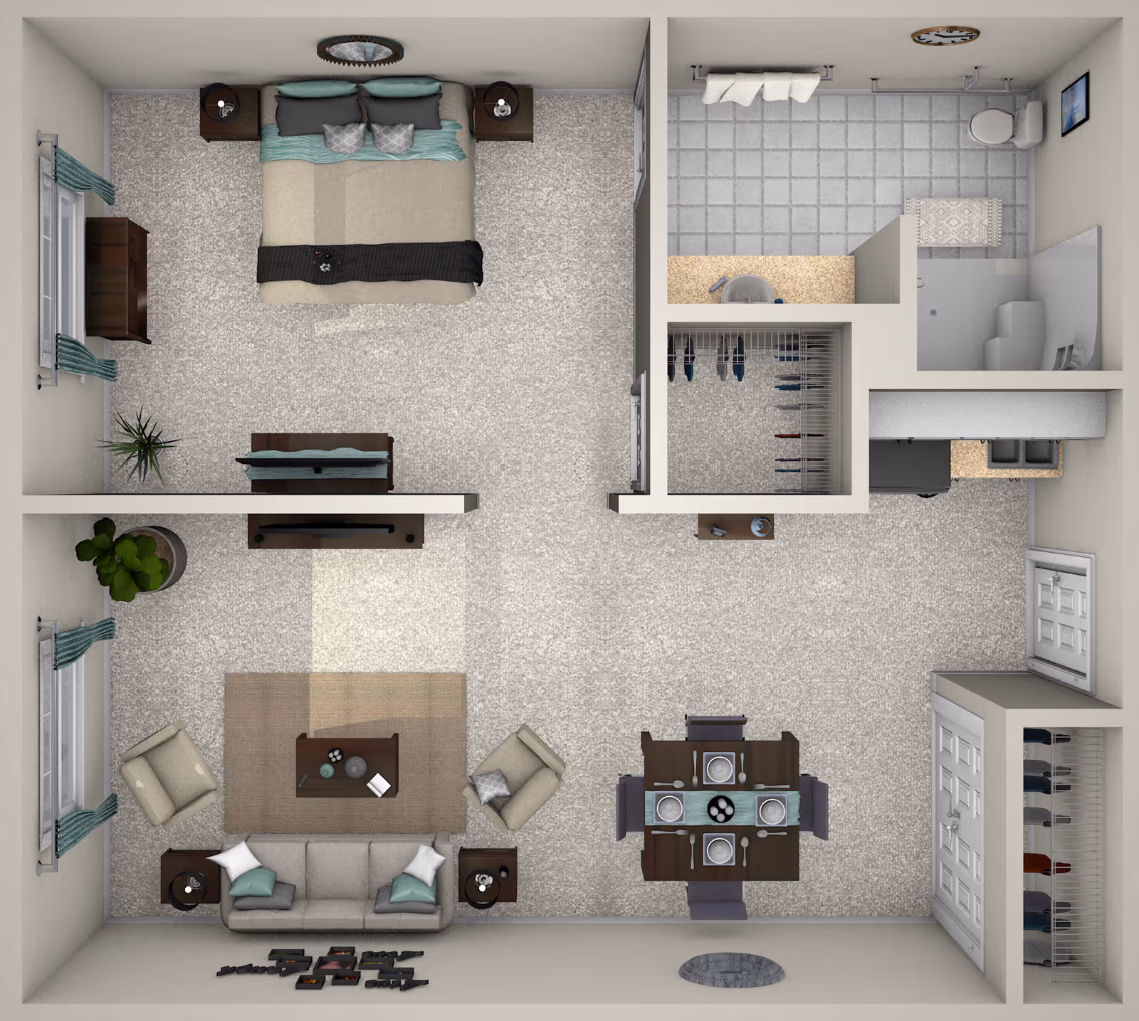 Top-down floor plan of a one-bedroom apartment showing a bedroom, bathroom, walk-in closet, living room, dining area, and kitchenette.