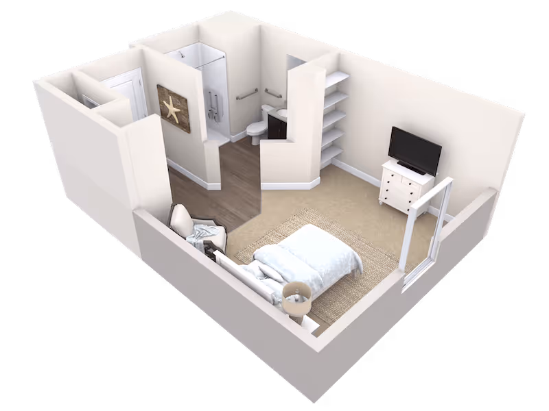 3D floor plan of a small living space featuring a bedroom area with a bed, armchair, and lamp, a bathroom with a shower, toilet, and sink, and a TV on a dresser. The bedroom has carpet flooring while the bathroom has wood-style flooring. There is also a shelving unit near the TV.