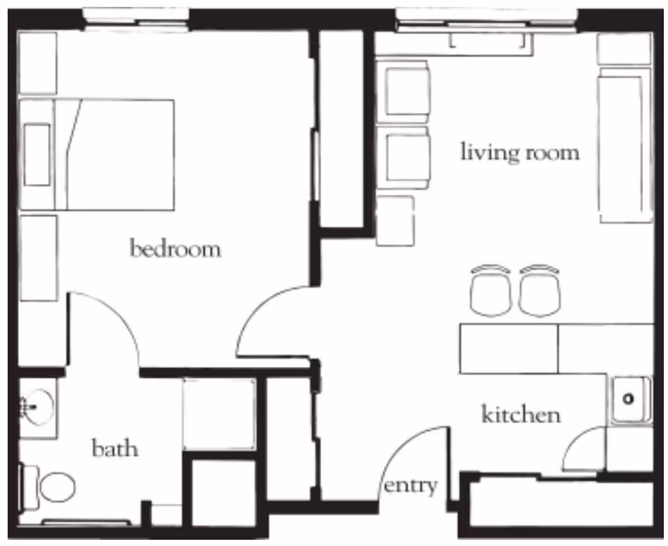Floor plan layout showing a one-bedroom apartment with labeled areas including bedroom, bath, living room, kitchen, and entry. The bedroom contains a bed and side tables, the bath includes a toilet and sink, the living room has seating furniture, and the kitchen features a counter with two stools and a sink.