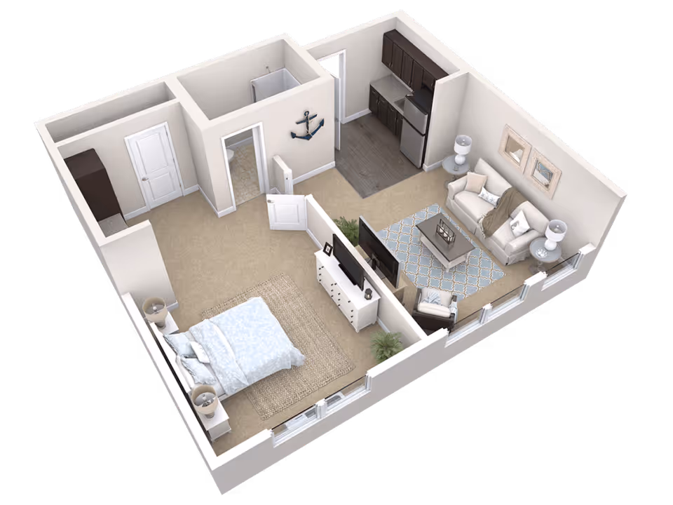 3D floor plan of a senior living apartment featuring a bedroom with a bed and two nightstands, a bathroom, a kitchen with cabinets and appliances, and a living room with a sofa, armchair, coffee table, TV, and decorative elements.
