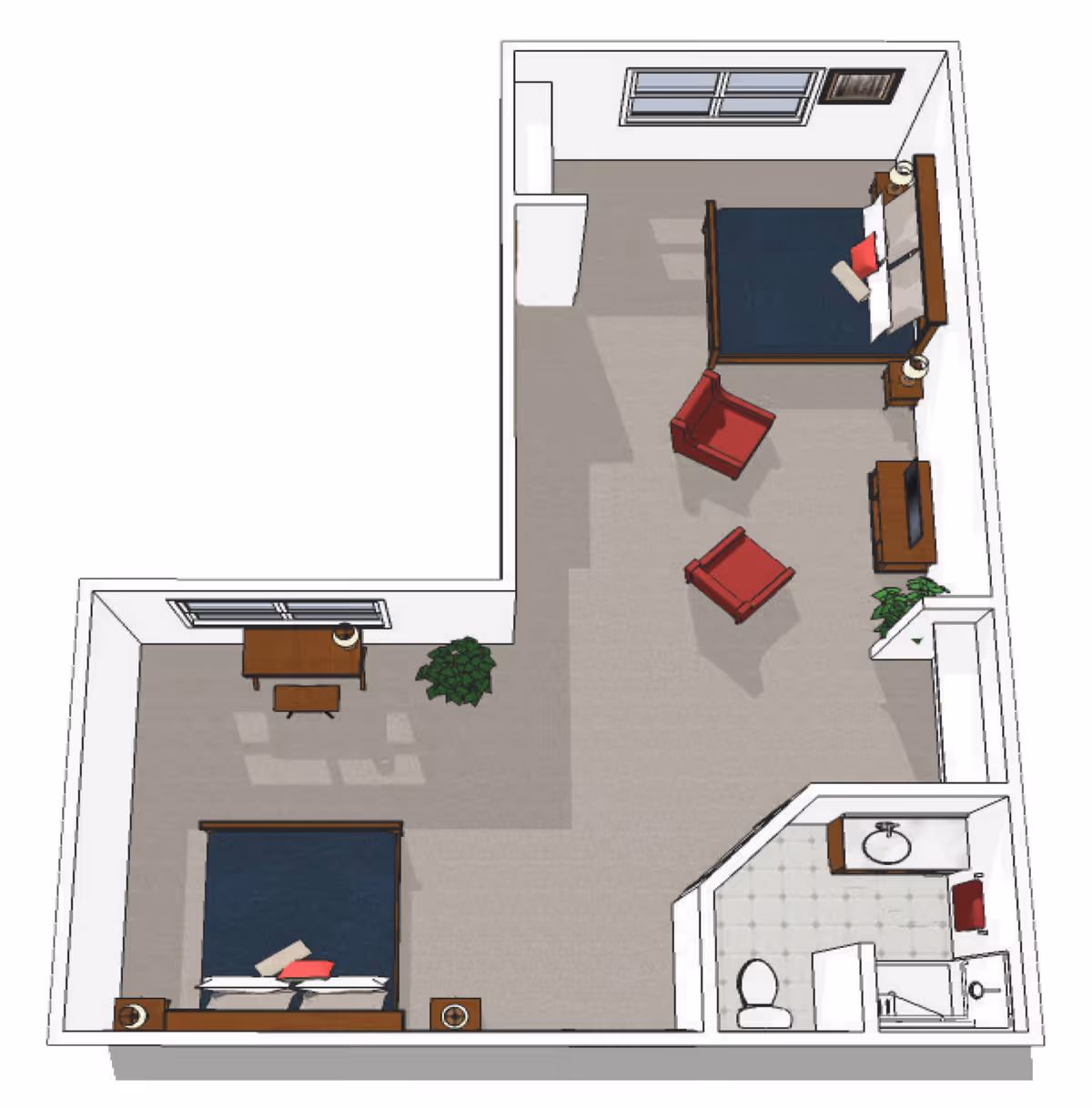 3D floor plan of a senior living apartment featuring two bedrooms, a bathroom with a shower, toilet, and sink, a small desk area, two red armchairs, a TV on a stand, and some plants.