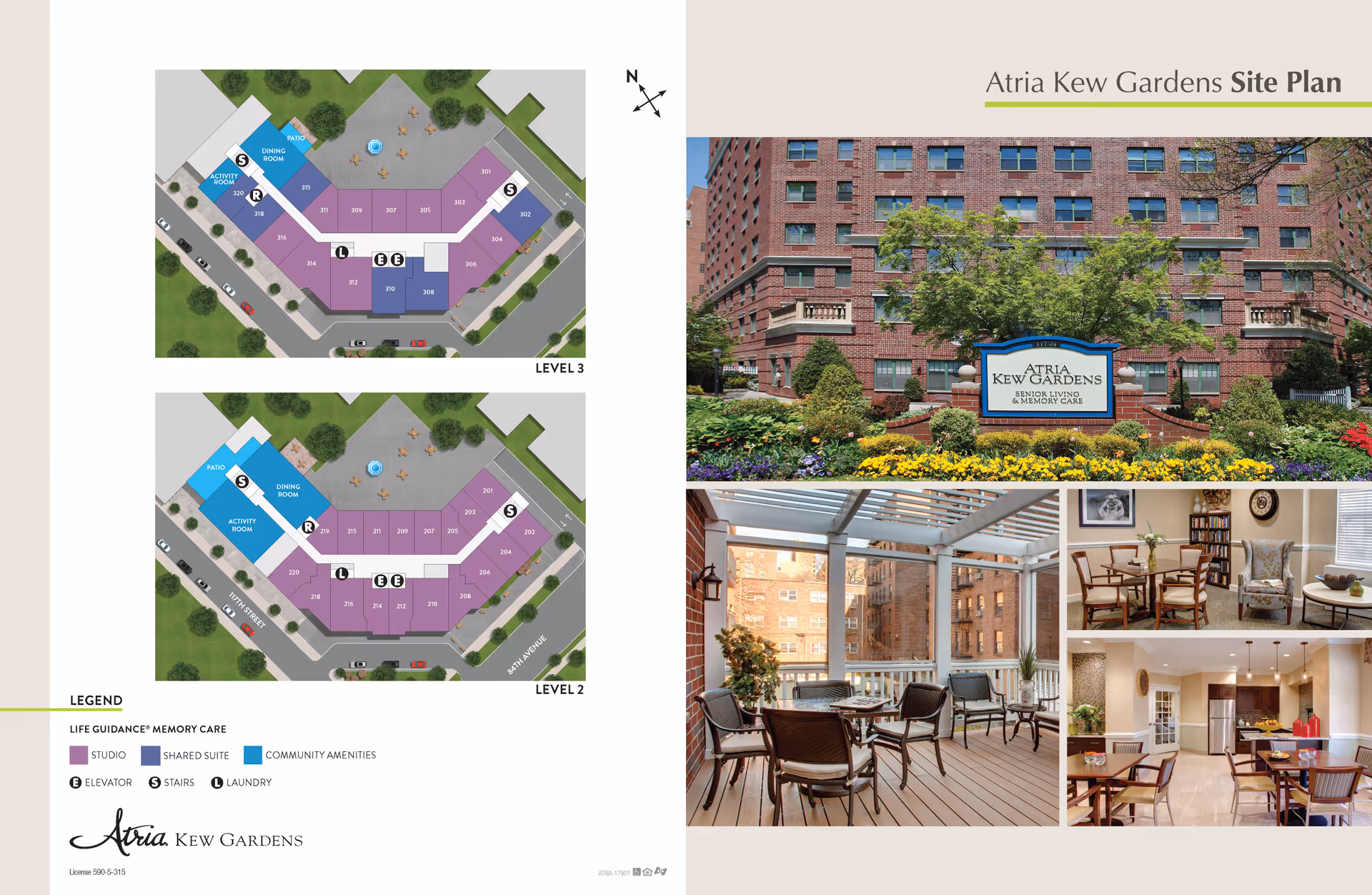 A collage showing the site plan and various views of Atria Kew Gardens senior living facility. The left side features detailed floor plans for Level 2 and Level 3, highlighting studio, shared suite, and community amenities with elevators, stairs, and laundry areas marked. The right side includes a photo of the building's exterior with a sign reading 'Atria Kew Gardens Senior Living & Memory Care,' a sunlit enclosed patio with chairs and tables, a cozy living room with chairs and a coffee table, and a dining area with a kitchen in the background.