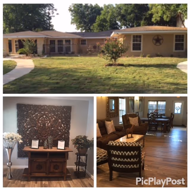 Collage of three images showing a senior living facility named Starlight Homes. The top image shows the exterior front view of a single-story building with a lawn and trees. The bottom left image shows an interior corner with a decorative wooden wall art above a wooden cabinet, flanked by flower arrangements. The bottom right image shows a living room area with chairs, a coffee table, and a dining table in the background with wooden flooring.