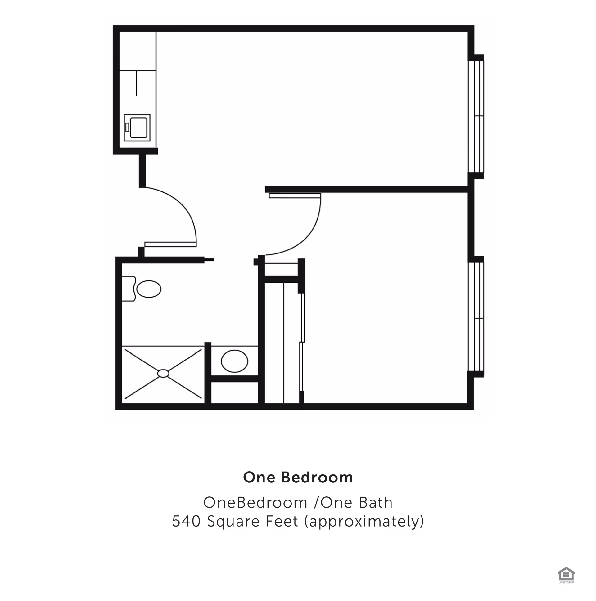 Floor plan of a one-bedroom, one-bath apartment approximately 540 square feet, showing a bedroom, bathroom with shower and toilet, kitchen area, and living space.