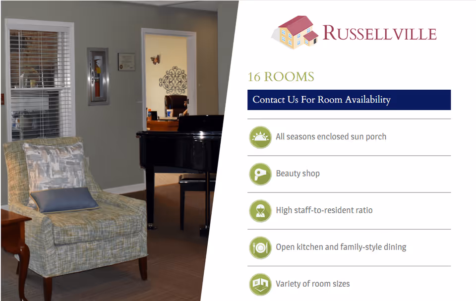 Interior view of a living room area with a patterned armchair and a black grand piano. There is a doorway leading to another room with wall decorations and furniture. On the right side, there is a graphic listing features of Russellville facility including 16 rooms, an all seasons enclosed sun porch, beauty shop, high staff-to-resident ratio, open kitchen and family-style dining, and variety of room sizes.