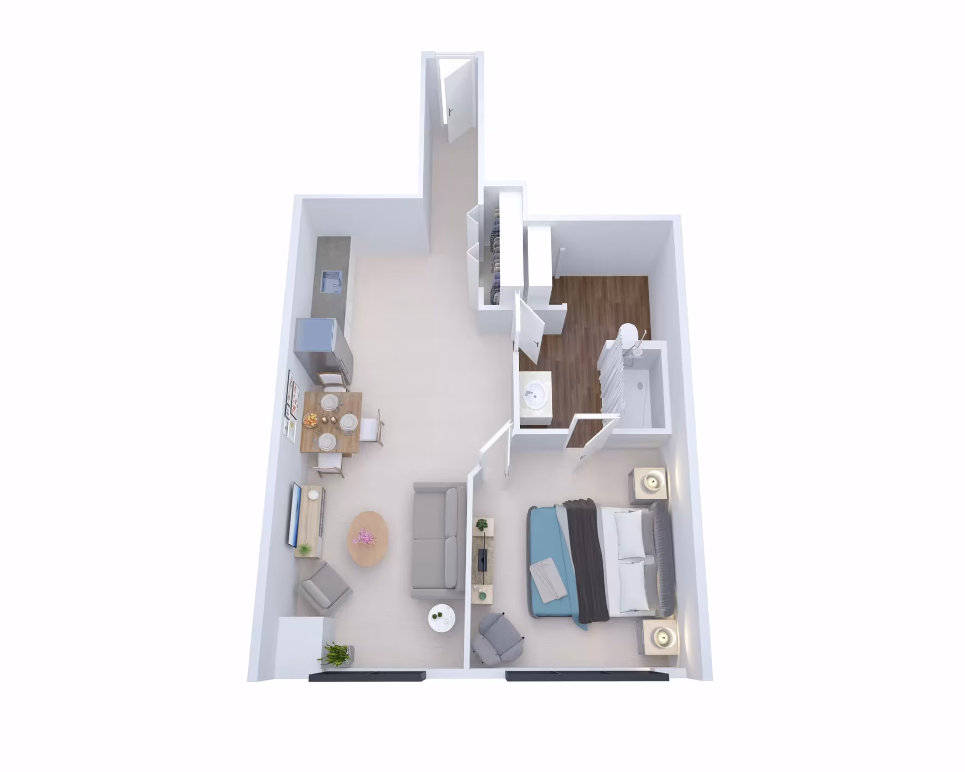 3D floor plan of a studio apartment showing a living area with sofa and TV, kitchenette with dining table, a bedroom area, and a bathroom.
