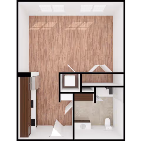 Top-down view of a small apartment floor plan featuring a main living area with wooden flooring, a kitchenette along the left wall, a small bathroom with a toilet and sink in the bottom right corner, and a closet or storage space adjacent to the bathroom.