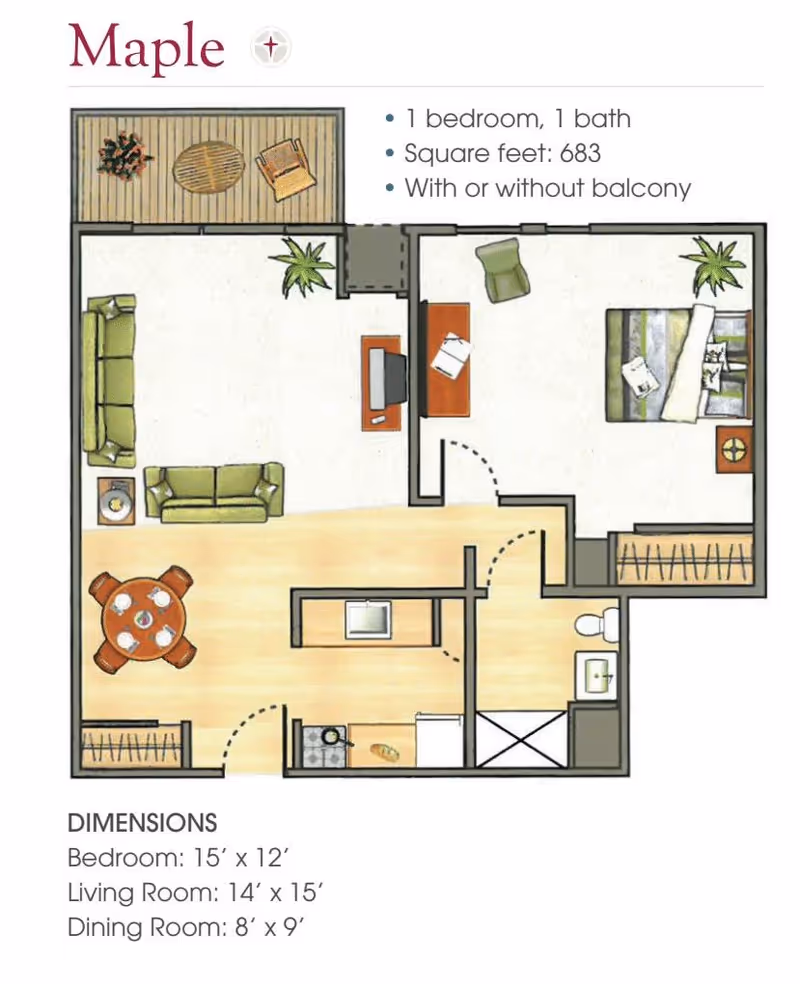 Floor plan of a one-bedroom, one-bath apartment named Maple, showing a living room with two sofas, a dining area with a round table and four chairs, a kitchen with appliances, a bedroom with a bed and chair, a bathroom, and an optional balcony with outdoor furniture. Dimensions are provided for the bedroom, living room, and dining room.