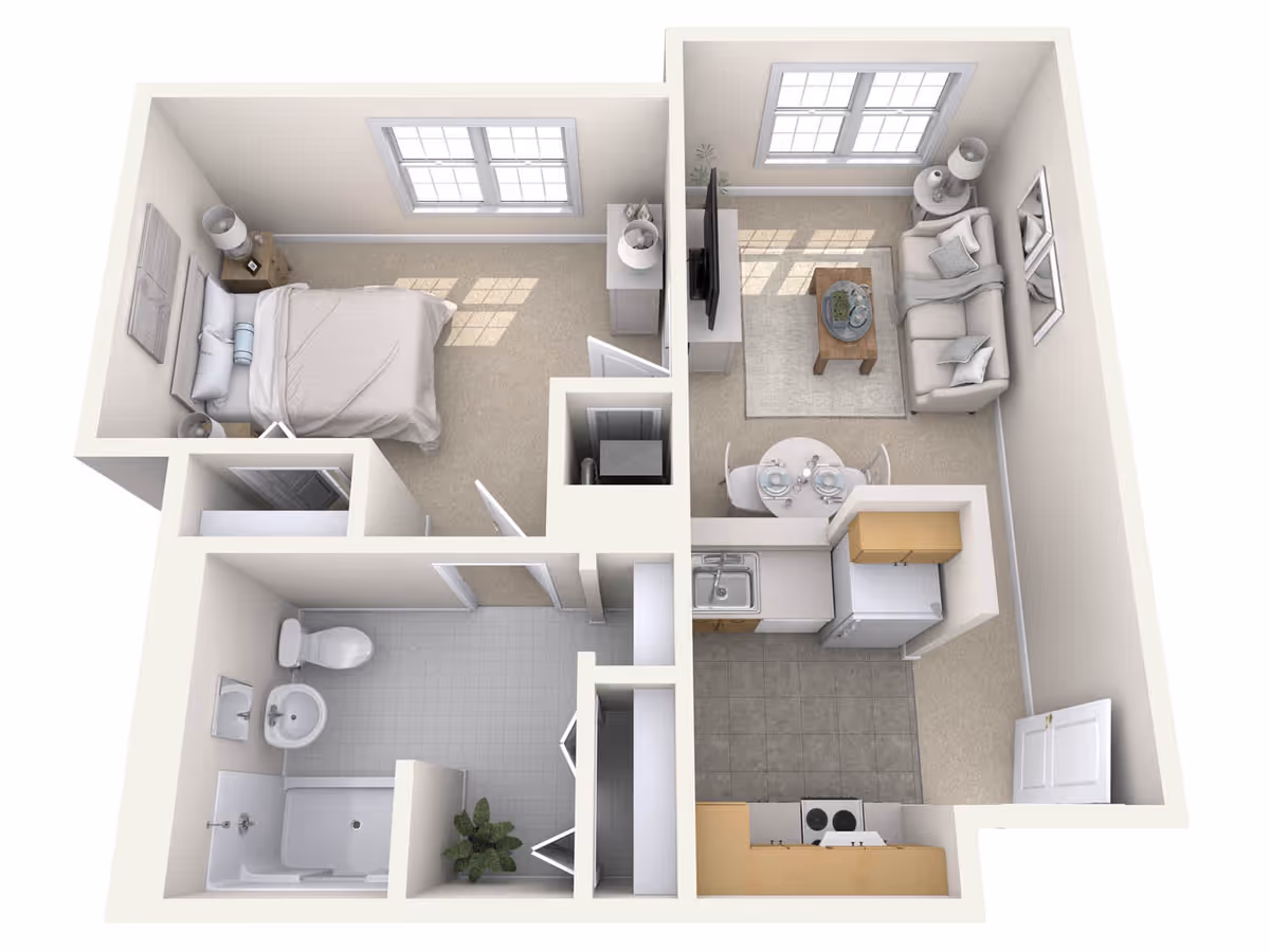 3D rendered floor plan of a one-bedroom apartment with bedroom, bathroom, kitchen, dining nook, and living area.