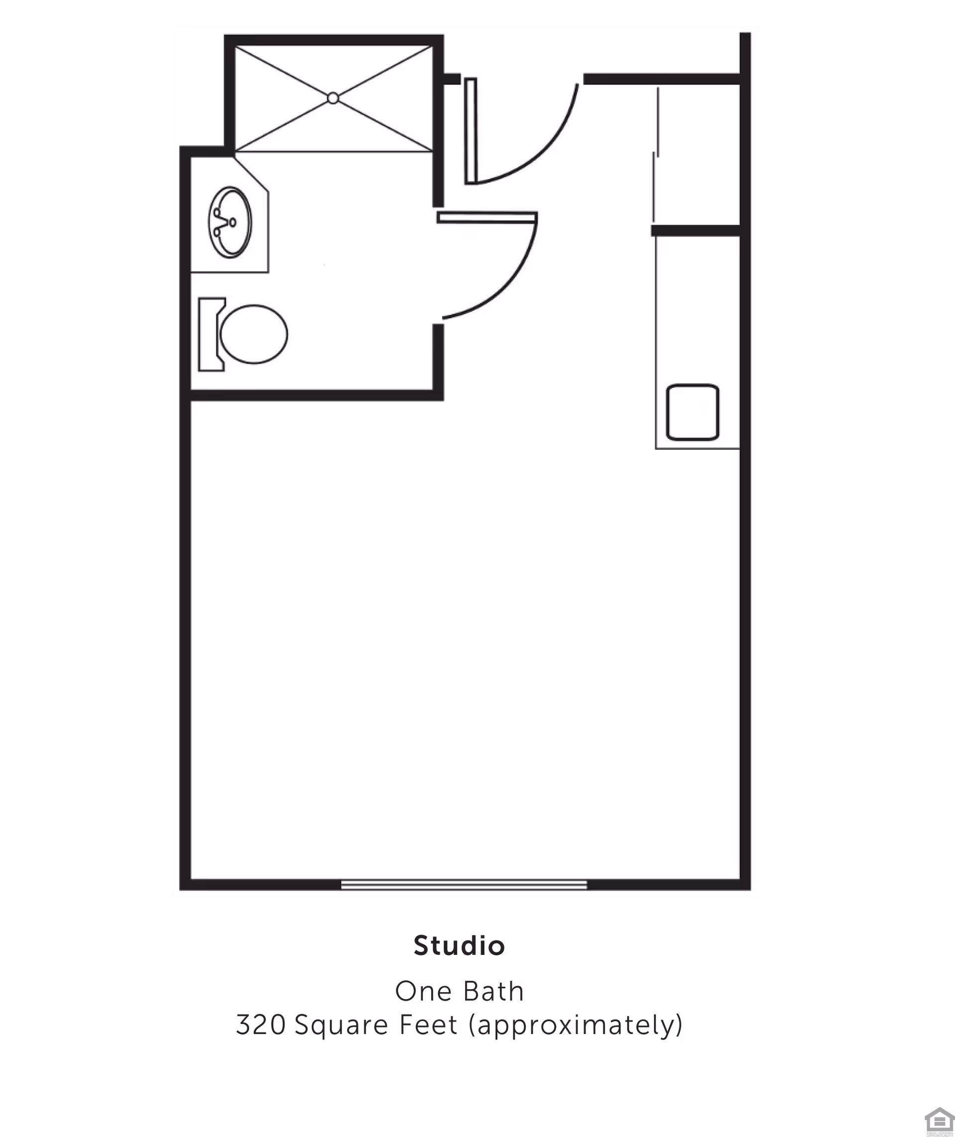 Floor plan of a studio apartment with one bathroom, approximately 320 square feet. The layout includes a bathroom with a toilet, sink, and shower, an entry door, and an open living/sleeping area with a kitchenette.
