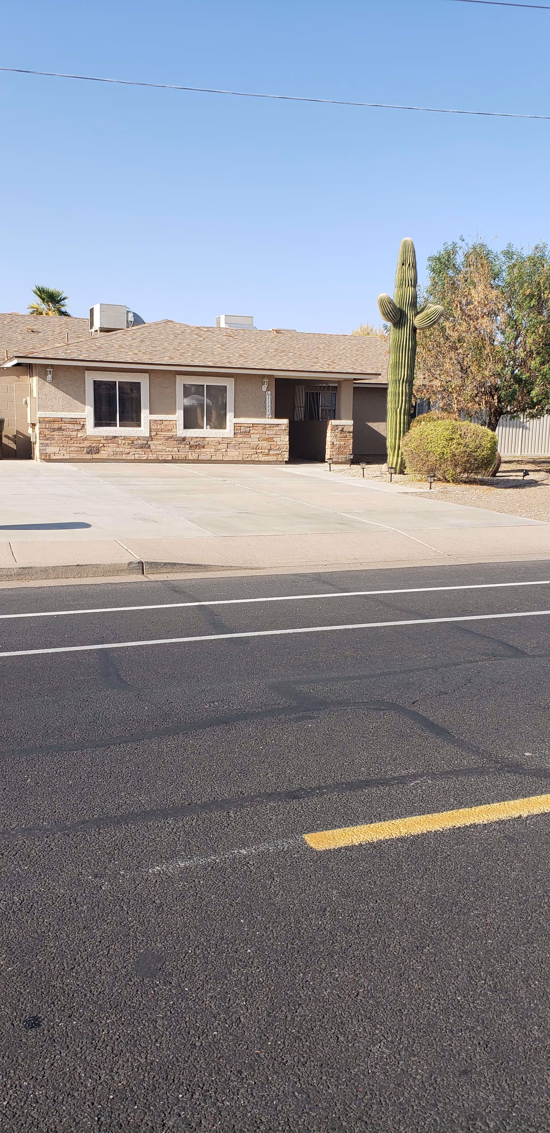 Single-story building with a beige exterior and stone accents, a large cactus and shrub in front, and a paved driveway leading to the entrance under a clear blue sky.