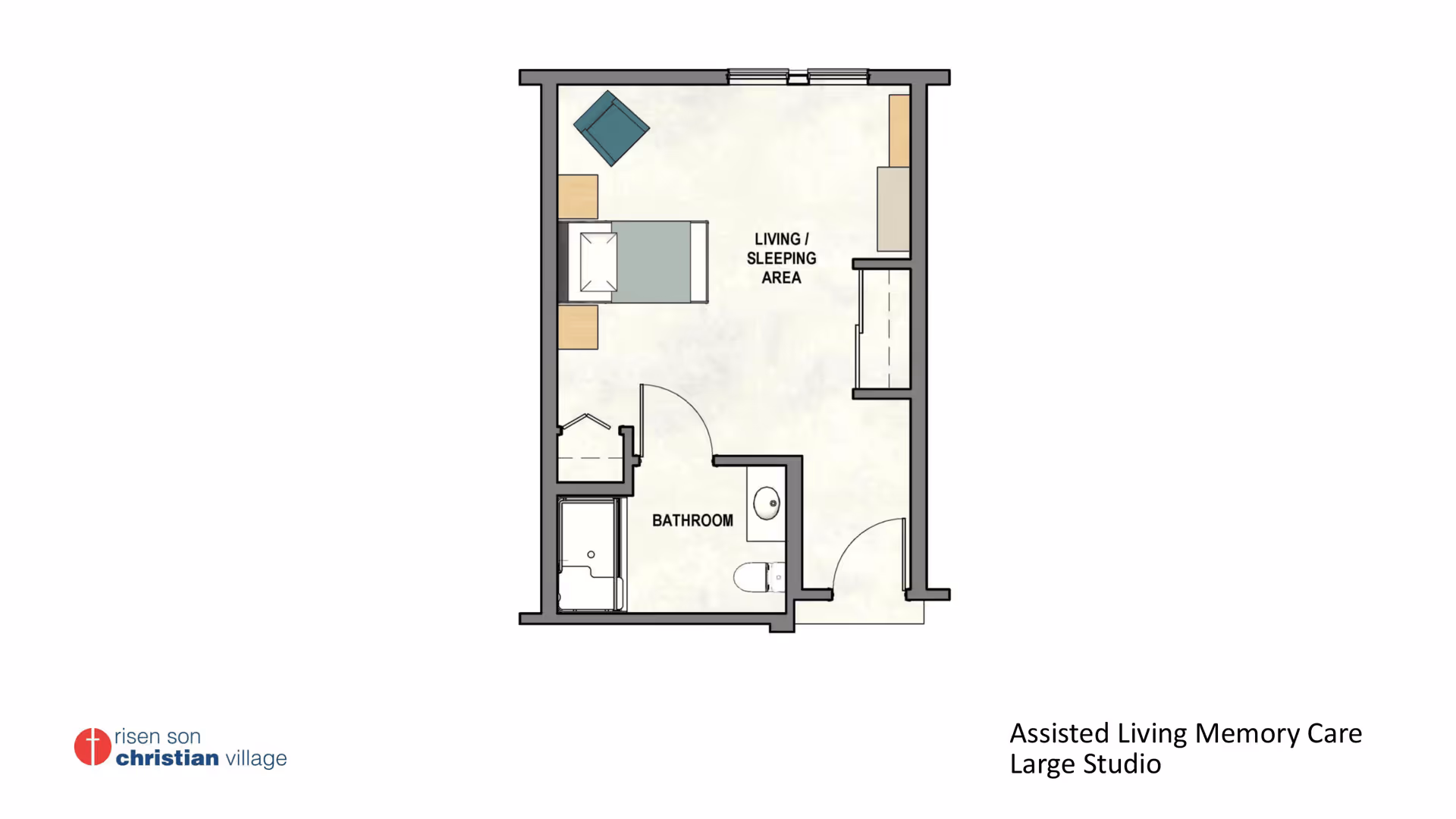 Floor plan of a large studio assisted living memory care unit showing a living/sleeping area with a bed, chair, and furniture, and a separate bathroom with a shower, sink, and toilet.