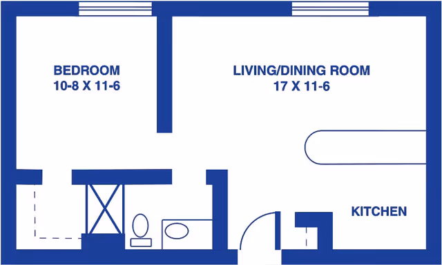 Floor plan of a living space at Topeka Presbyterian Manor showing a bedroom measuring 10 feet 8 inches by 11 feet 6 inches, a living/dining room measuring 17 feet by 11 feet 6 inches, a kitchen area, and a bathroom with a toilet and sink.