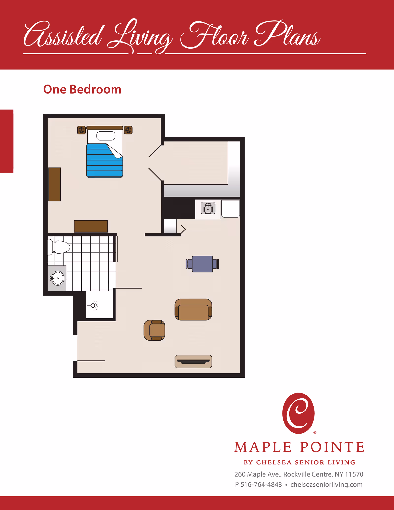 Illustrated one-bedroom assisted living floor plan showing a bedroom, bathroom, kitchenette and living area with Maple Pointe branding.