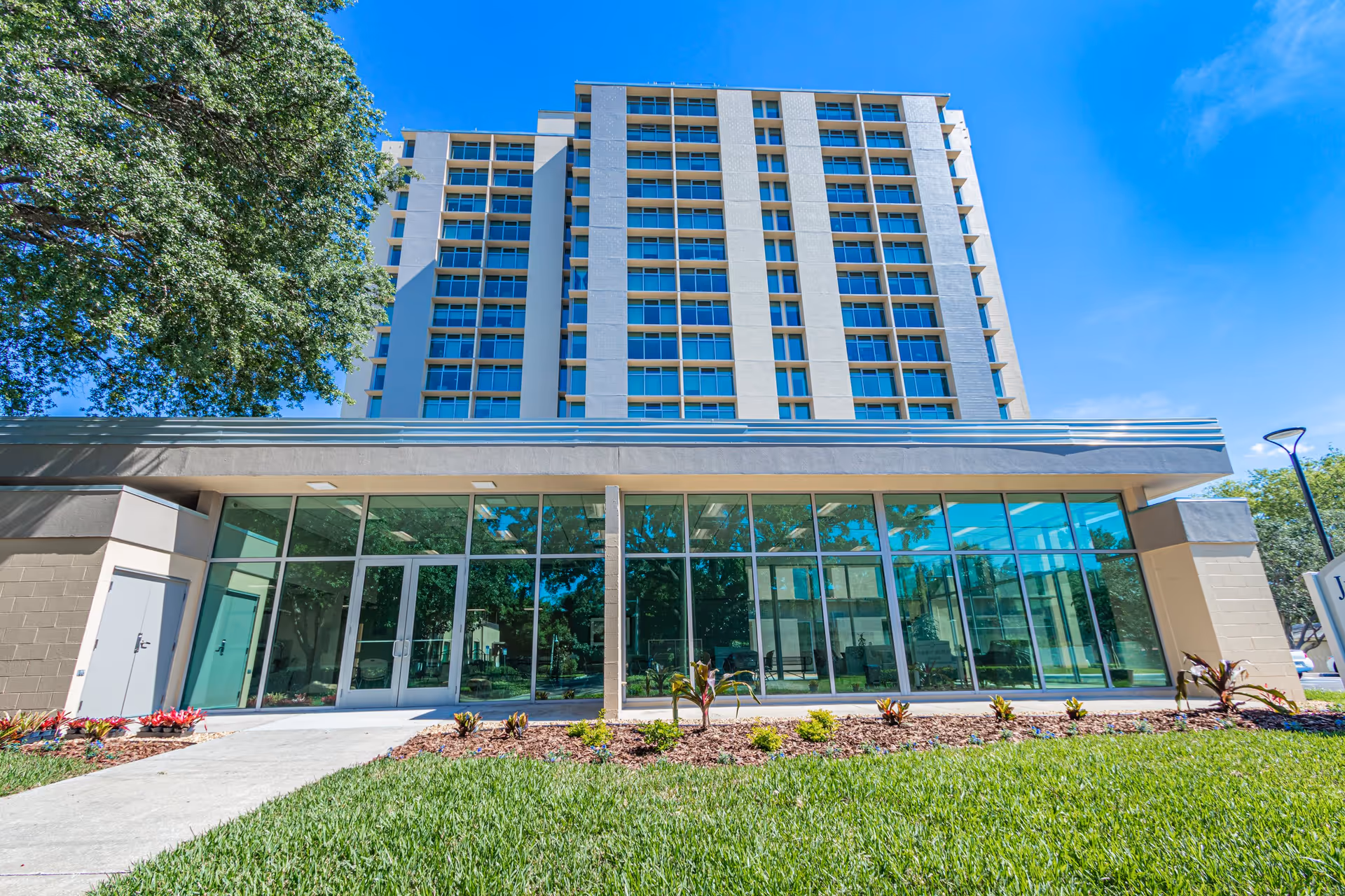 Exterior view of a multi-story building with large glass windows on the ground floor, surrounded by green grass, small plants, and trees under a clear blue sky.