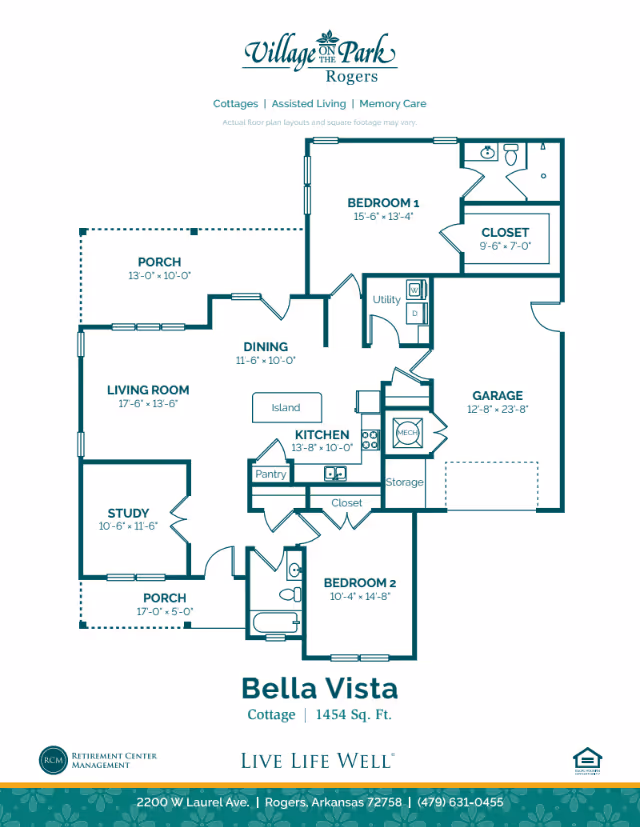 Floor plan layout of Bella Vista cottage at Village on the Park Rogers, showing two bedrooms, two porches, a living room, dining area, kitchen with island and pantry, study, utility room, garage, closets, and bathrooms with dimensions.