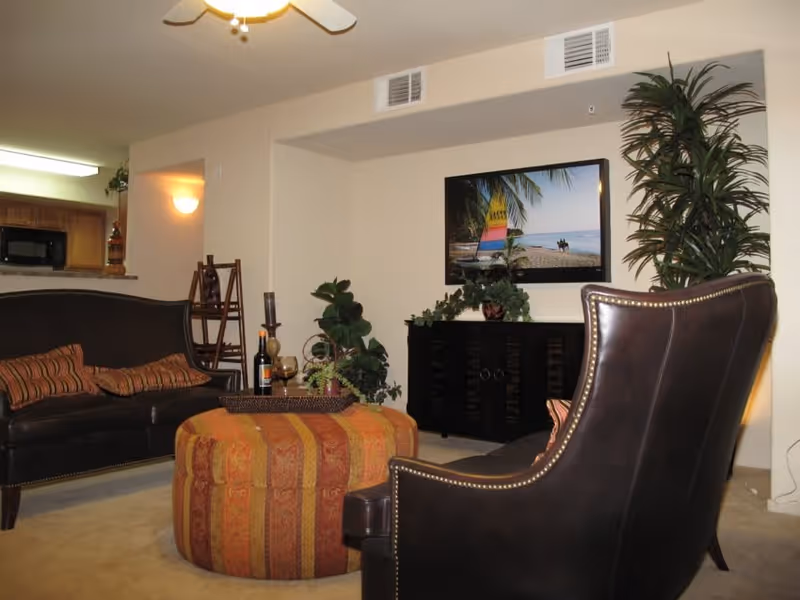A cozy living room with a dark leather sofa and armchair, an orange patterned ottoman in the center, a black cabinet against the wall with a framed beach scene above it, and several green plants around the room. The kitchen area is visible in the background.