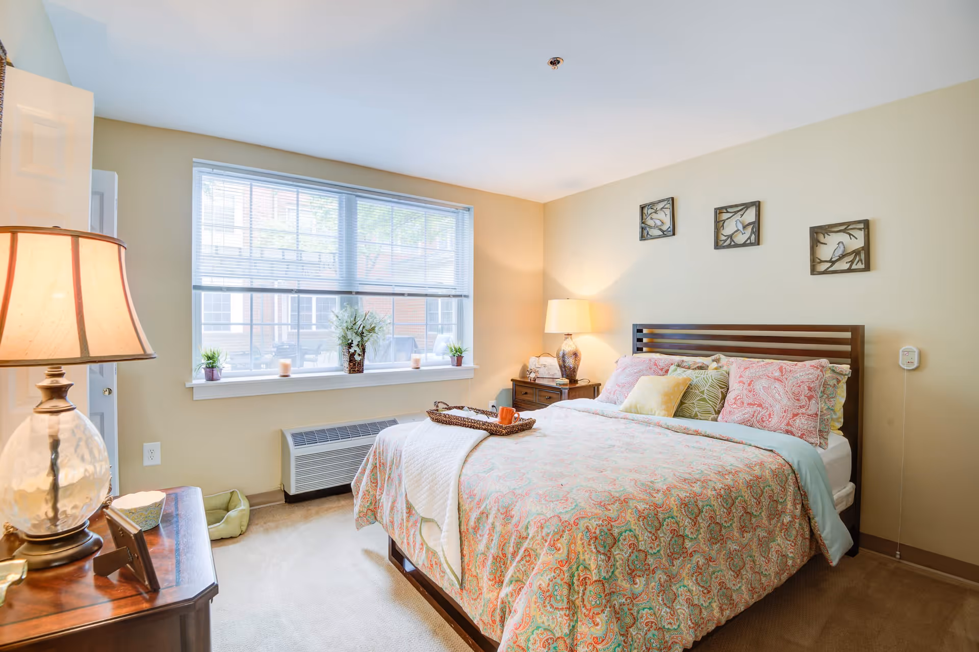A bright and cozy bedroom with a large window letting in natural light. The room features a bed with a colorful patterned bedspread and multiple pillows, a wooden nightstand with a lamp, and decorative wall art above the bed. There is a small table with a lamp and picture frame on the left side, and a heating/cooling unit below the window.