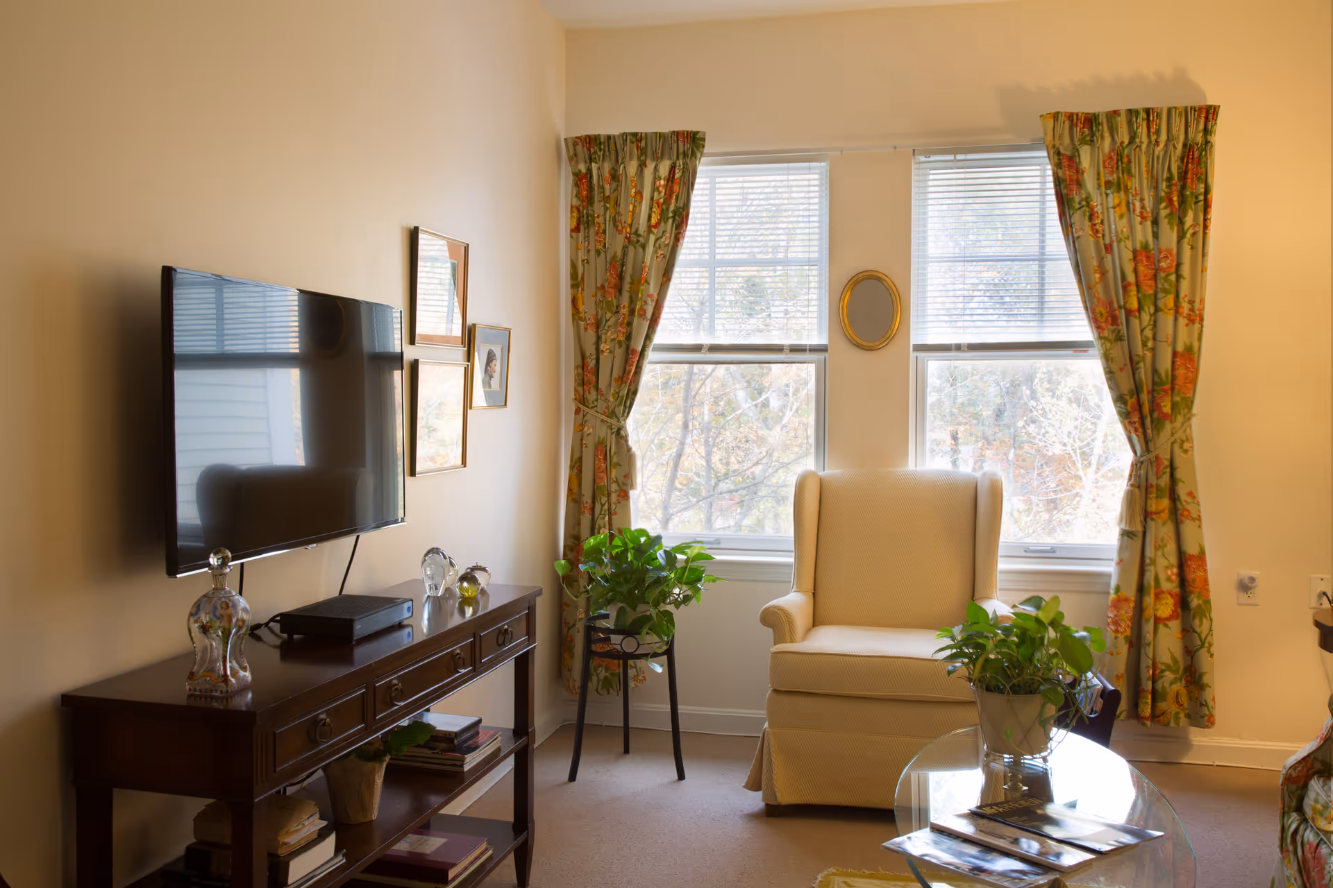 A cozy living room with a beige armchair positioned in front of two windows with floral curtains. A wooden console table holds a flat-screen TV mounted on the wall, decorative glass items, and books. There are two green potted plants, one on a small stand near the window and another on a glass coffee table with magazines.