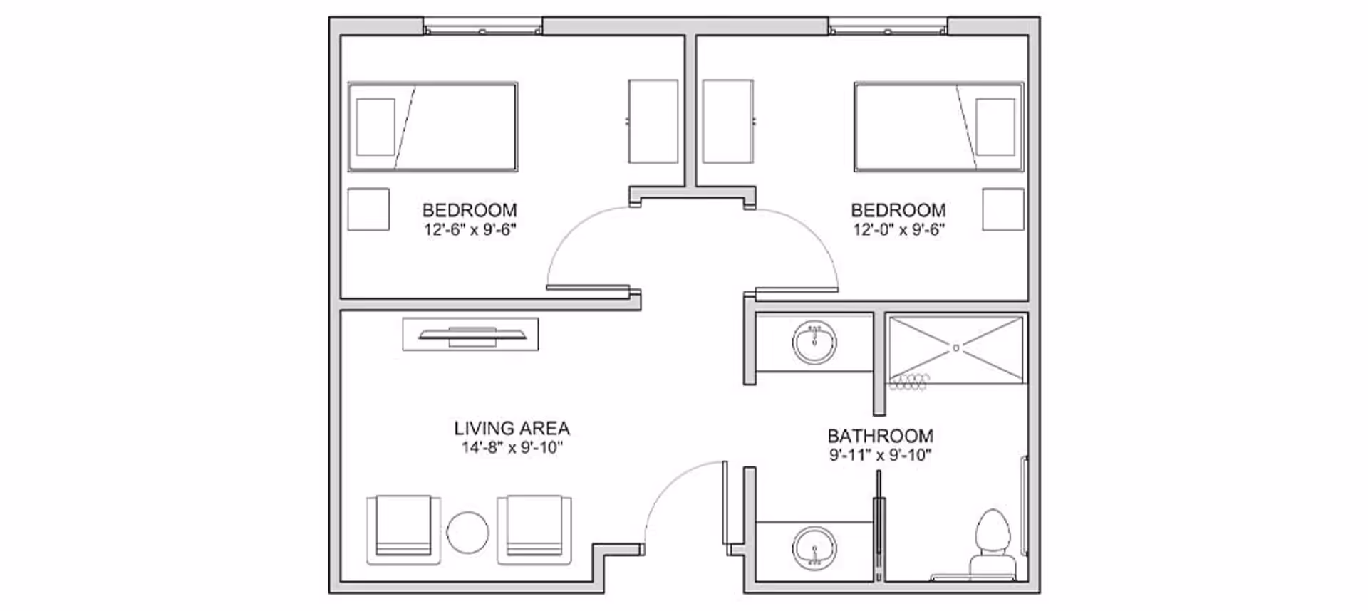 Floor plan of a living space at The Auberge at Vintage Lake showing two bedrooms, a living area, and a bathroom. The bedrooms are labeled with dimensions 12'-6" x 9'-6" and 12'-0" x 9'-6". The living area measures 14'-8" x 9'-10" and the bathroom measures 9'-11" x 9'-10". The layout includes furniture such as beds, chairs, tables, sinks, a shower, and a toilet.